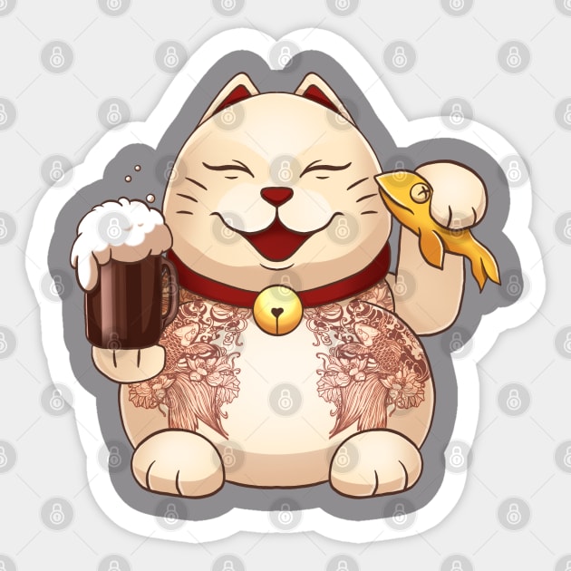 Japanese cat maneki neko with beer Sticker by Pulseender